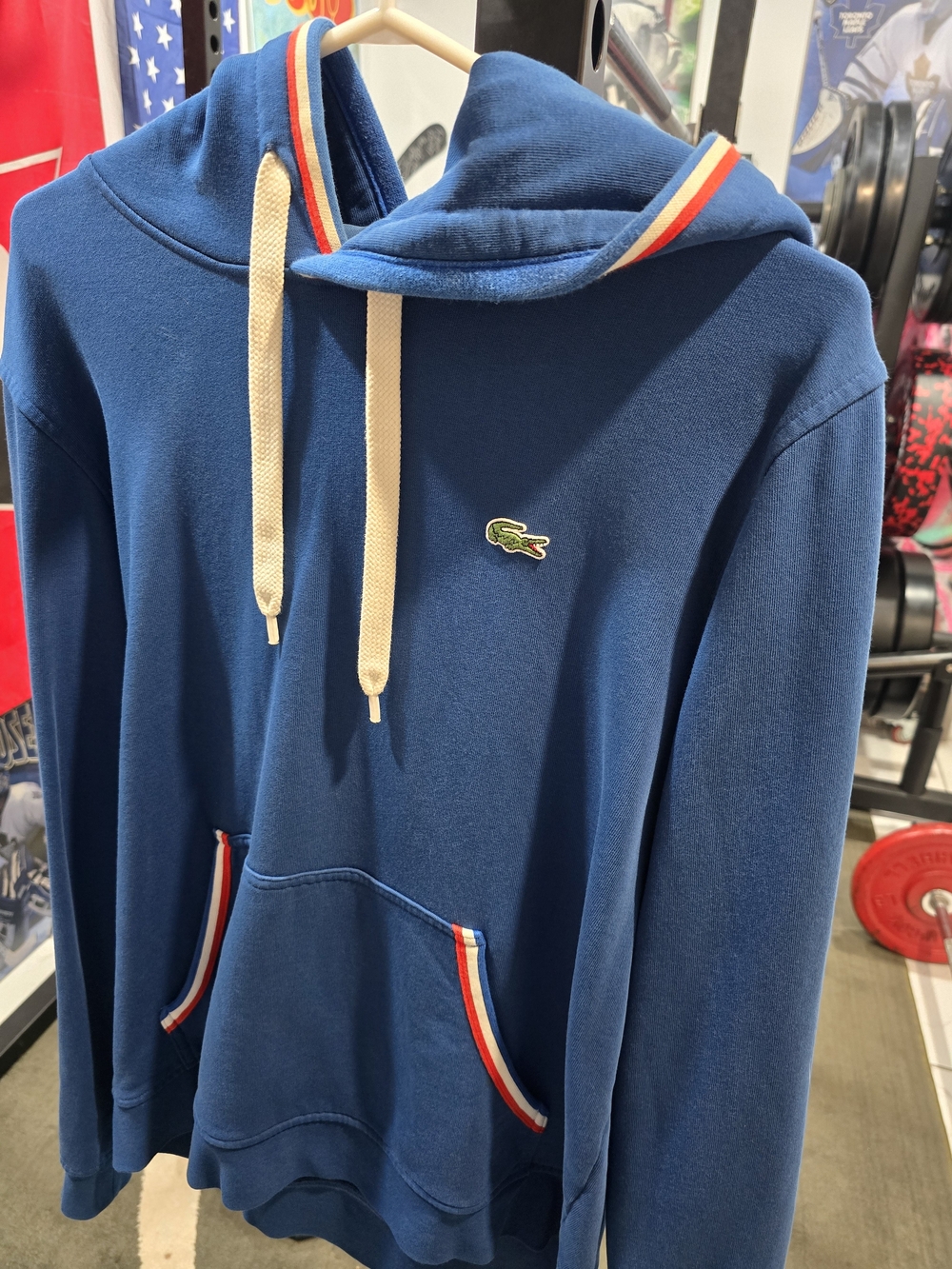 Lacoste Navy Blue Hoodie with Red & White Trim and Cream Drawcords